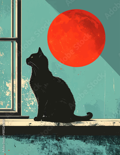 Cat silhouette interior window red sunset backdrop