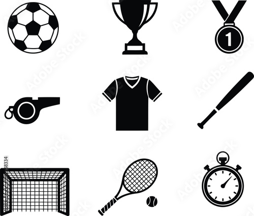 A comprehensive collection of black and white icons representing various sports equipment and awards