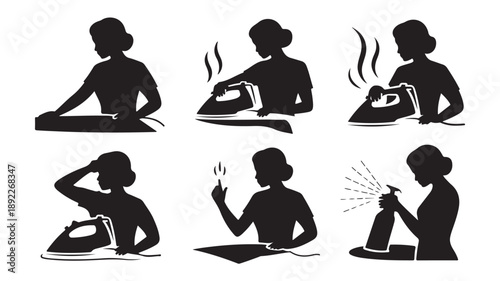 Vector Illustration Of Woman Ironing Clothes Silhouette For Laundry And Household Chores Concept