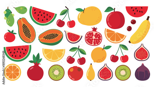 Diverse collection of colorful fruit icons includes watermelon, papaya, kiwi, and pomegranate for healthy eating and nutrition concepts.