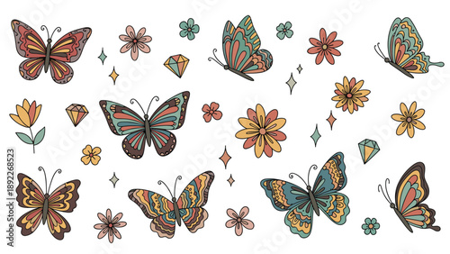 Whimsical collection of colorful butterflies, dainty flowers, and sparkling diamonds creates a playful and artistic collage for design.
