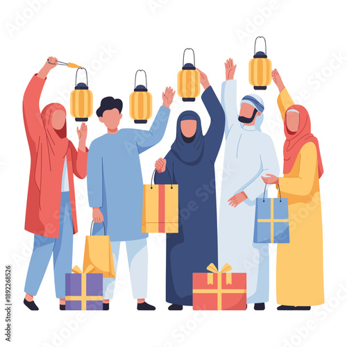Festive Lanterns and Gifts: A group of people stand, illuminating the scene with glowing lanterns in their hands and cheerfully display gift bags and presents, exuding the spirit of unity and giving.