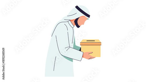 Islamic Offering: A Muslim man, attired in traditional garb, reverently holds a donation box, illustrating acts of charity, devotion, and faith.