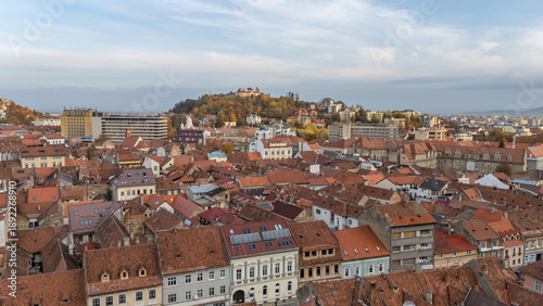 Konstfotografi Aerial drone view on streets and city of Brasov,  beautiful houses, Transylvania, Romania
