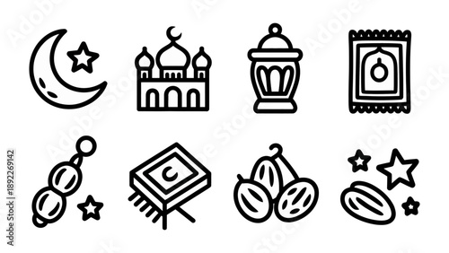 Islamic Symbols: A collection of meticulously crafted line art illustrations depicting essential symbols. Evoking a sense of cultural and religious significance.