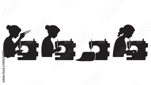 Vector Illustration Of Women Working On Sewing Machines In Silhouette For Fashion And Textile Industry Concept