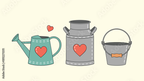 Charming collection of gardening items like a watering can and milk jug are decorated with red hearts for a rustic and loving theme.