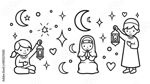 Joyful Night: Illustrative scene with two kids carrying lanterns under a starry night sky. The image encapsulates a sense of wonder and spirituality.