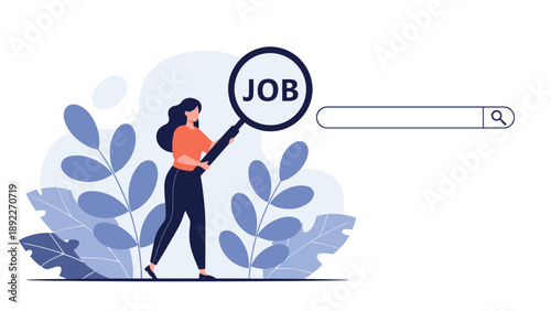 Determined woman looking through a large magnifying glass for job opportunities near a search bar represents recruitment and career growth.