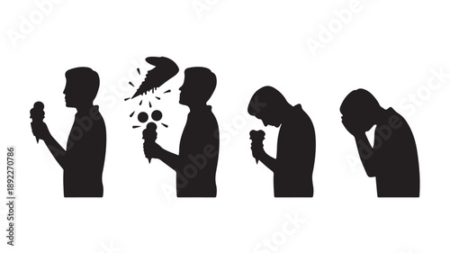 Vector Illustration Of Silhouetted People Experiencing Disappointment And Frustration While Eating Ice Cream For Emotional Response Concept