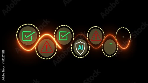 AI Safety and Ethics Concept on the black background. Ethical guidelines and safety protocols in artificial intelligence systems. Motion graphics of  security warning signs, and checkmarks. 4k video.