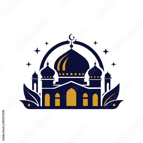 Elegant Mosque Illustration with Crescent Moon, Stars, and Floral Elements