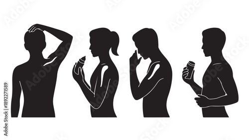 Vector Illustration Of Silhouette People Applying Cosmetics And Skincare Products For Beauty And Personal Care