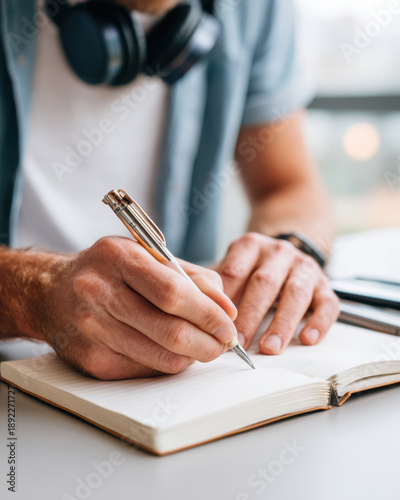 Person writing in notebook with headphones