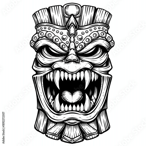 A detailed black and white illustration of a fierce tribal mask with sharp teeth and bold ornamental patterns.