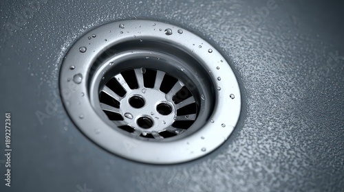 Wallpaper Mural Close Up of Stainless Steel Sink Drain with Water Droplets and Metallic Texture Highlighted by Bright Lighting Reflecting Cleanliness Torontodigital.ca