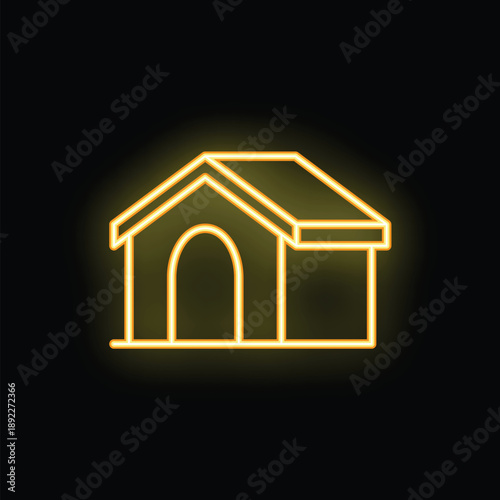 Yellow neon icon of dog house glowing on dark background
