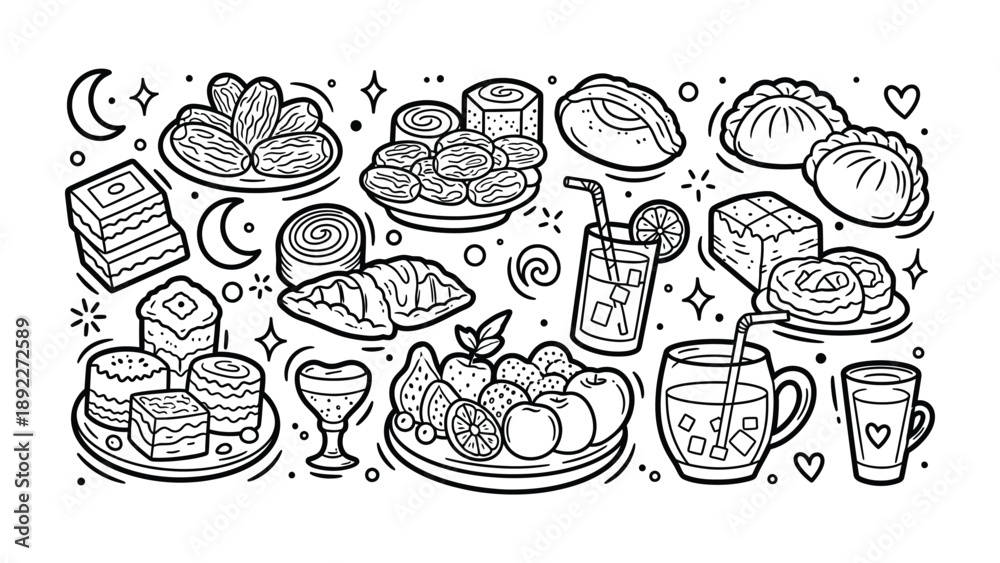 Obraz premium A Variety of Foods & Drinks: A delightful array of diverse culinary creations, including pastries, refreshing drinks, and an assortment of fruits are elegantly displayed.