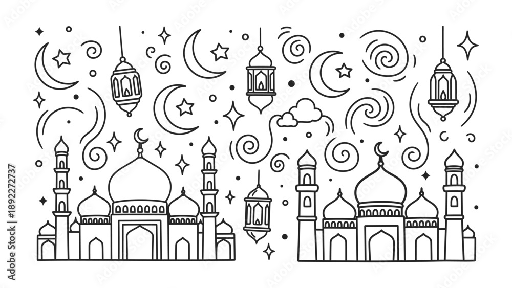 Fototapeta premium Mosque and festive illustration: An elegant illustration of mosques, crescent moons, lanterns, stars and cloud. evokes a sense of serenity and celebration.