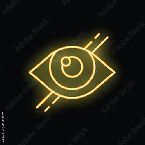 Bright neon eye symbol is glowing on a black background
