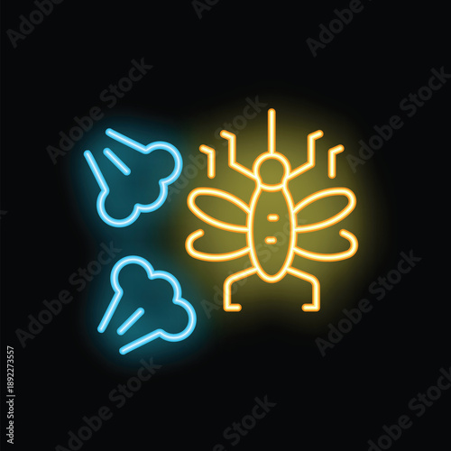 Neon icon of mosquito spreading virus with smell spreading around on black background