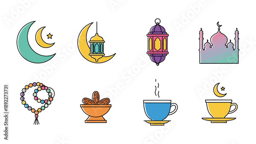 Islamic Iconography: A collection of meticulously crafted Islamic icons, symbolizing core elements such as the crescent moon, prayer beads, and mosque, each radiating with symbolic significance. 