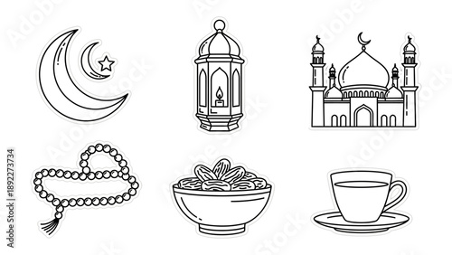 Sacred Symbols: A curated collection of symbols and elements associated with Islam, including the crescent moon and star, a traditional lantern, a mosque, prayer beads, dates, and a teacup.
