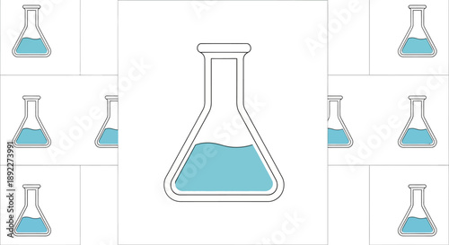 Grid of Multiple Erlenmeyer Flasks with Blue Liquid, Scientific Glassware on Isolated White Background