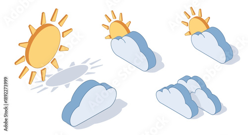 Isometric Weather Forecast Icon Set with Sun and Clouds in Various Combinations on Isolated White Background.