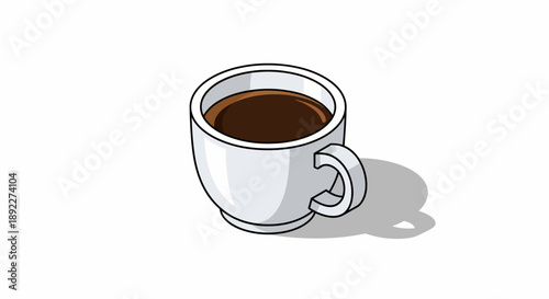 Warm Brown Coffee in White Mug with Shadow on Isolated White Background.