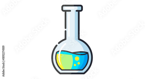 Erlenmeyer Flask with Blue and Yellow Chemical Liquid, Scientific Glassware on Isolated White Background