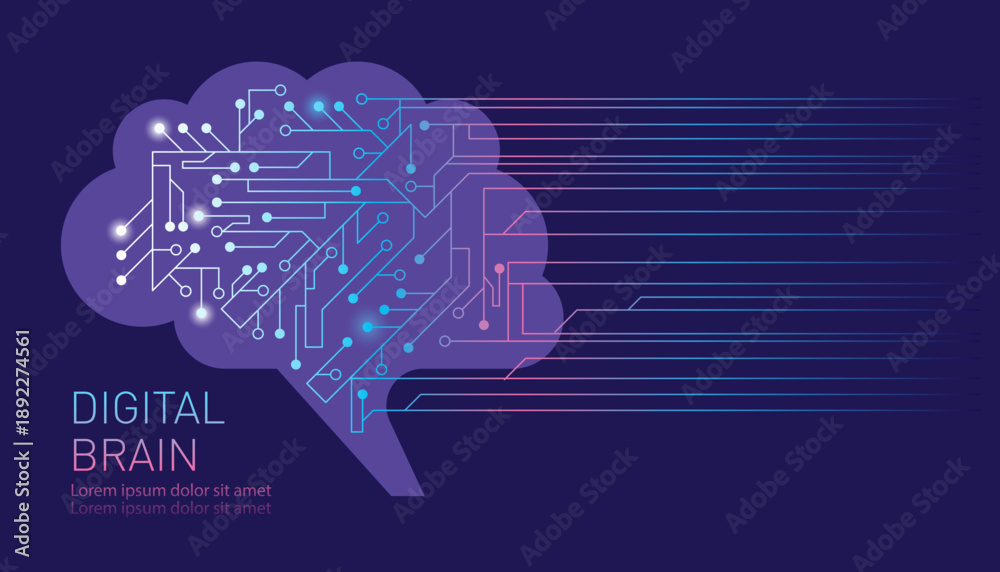 Naklejka premium Vector illustration on the Theme of Artificial intelligence technology, Digotal Human Brain, The process of thinking, Data, digital intelligence, machine learning, robot, and computer network concepts