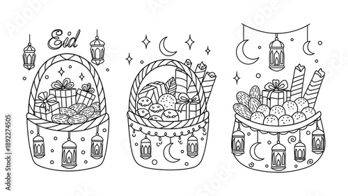 Eid Celebration Baskets: Intricate illustrations showcase beautifully decorated baskets overflowing with gifts, treats, and festive lanterns under a crescent moon.