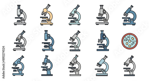 Set of Colorful Microscopes for Scientific Research and Laboratory Icons on an Isolated White Background