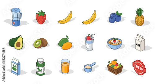 Set of Colorful Isometric Food and Drink Icons, Healthy Eating and Beverage Symbols on an Isolated White Background