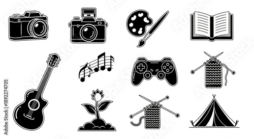 Hobbies Entertainment Arts and Crafts Solid Black Icons Collection, Isolated White Background.