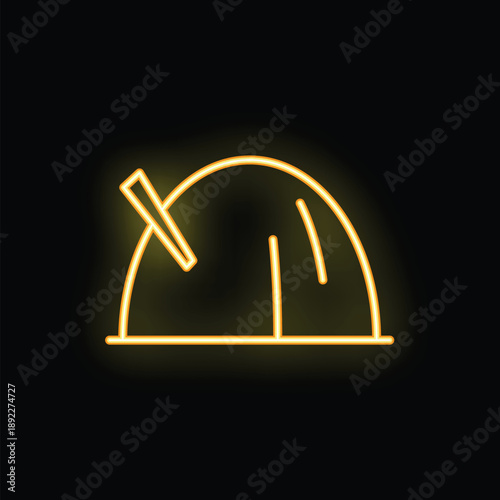Bright yellow neon icon of an observatory dome with open roof, showing a telescope inside, is set against a black background