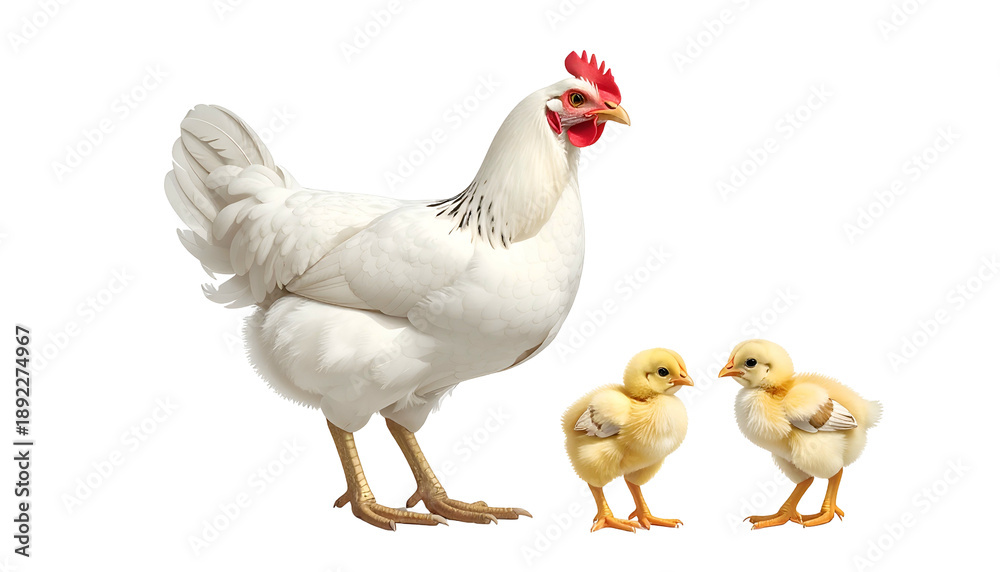 Fototapeta premium A white hen with a red comb stands beside two yellow chicks against a transparent background
