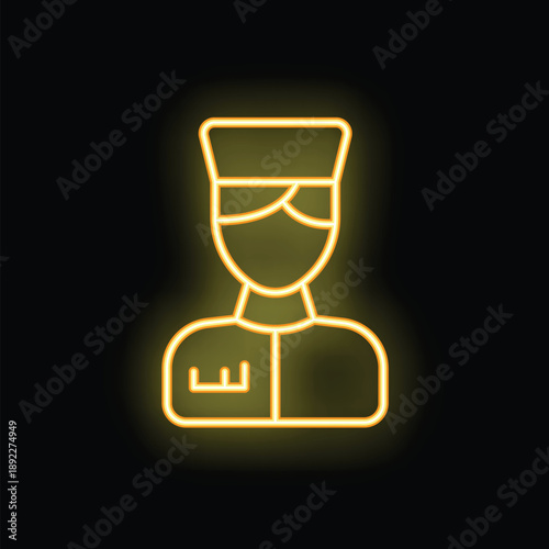 Yellow glowing neon icon of a bellboy wearing uniform and a cap on black background