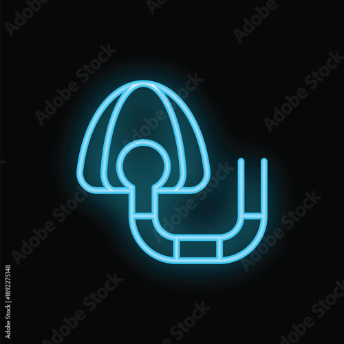 Blue neon sign of a full face snorkel mask glowing on a black background