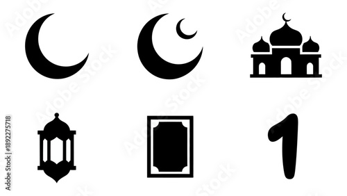 Eid Symbols: Black silhouettes of a crescent moon, mosque, lantern, prayer rug, and a number 1 represent the spirit of Eid, with their minimal design offering versatility.