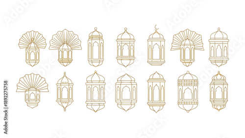 Elegant Lanterns Collection: A collection of exquisite lanterns, each boasting a unique design and intricate details. These golden lanterns, in a row, symbolize the spirit of celebration and heritage.