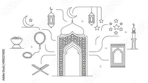 Islamic Culture: Intricate line art depicts a harmonious blend of cultural symbols, conveying the essence of Islamic heritage with a focus on peace and faith.