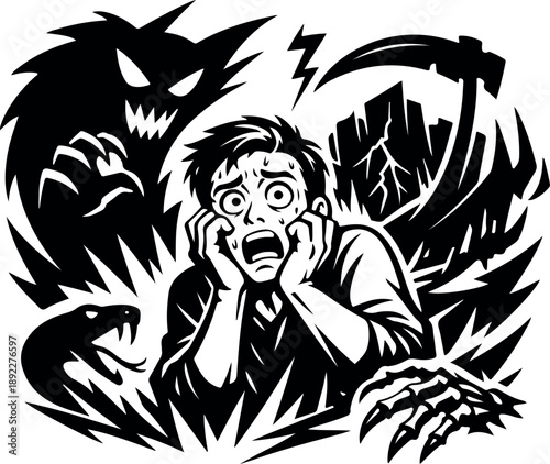 Terrified man experiencing extreme fear and anxiety