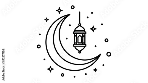 Celestial Illumination: A crescent moon embraces a traditional lantern amid a constellation of stars, evoking a sense of serenity and spiritual significance.