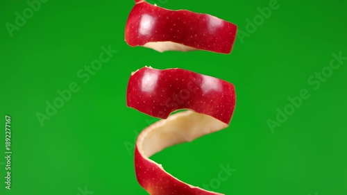 Wallpaper Mural Isolated long spiral of bright red apple peel slowly rotating and floating against a solid chroma key green background for easy compositing and removal texture, red color, fruit Torontodigital.ca