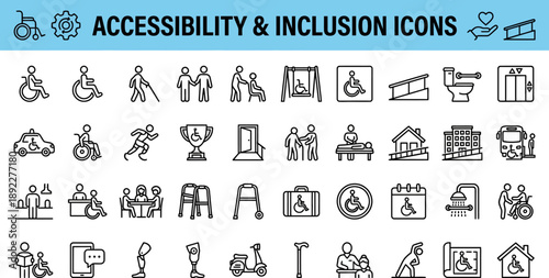  Set of outline icons related to wheelchair. Linear icon collection. Editable stroke. Vector illustration 