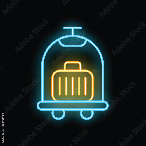 Glowing neon line hotel service bell icon isolated on black background. Luggage cart sign. Traveling baggage symbol. Colorful outline concept. Vector illustration