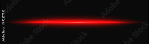 Red neon laser beam with light and glowing flare effect for digital tech background. Bright energy ray with speed shine flow in dark space. Abstract vector horizontal line isolated overlay