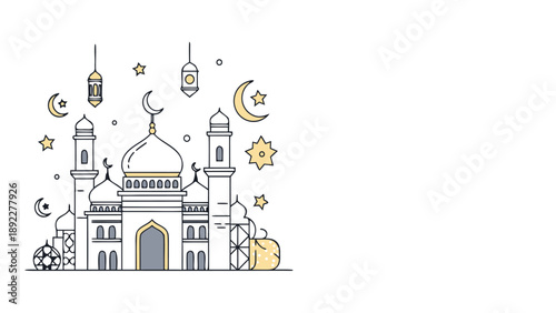 Minimal Islamic mosque outline illustration with lanterns
